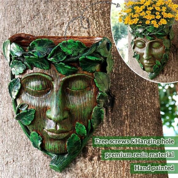 Tree Face Decor Flower Planter Pot Hand-Painted Resin Green Man Tree Hugger - Picture 4 of 8